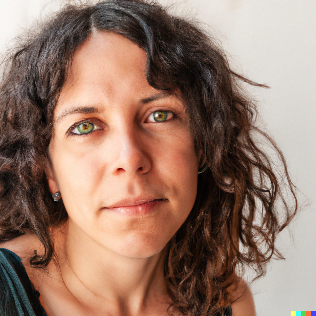 AI photographic portrait of a woman with dark curly hair and green eyes