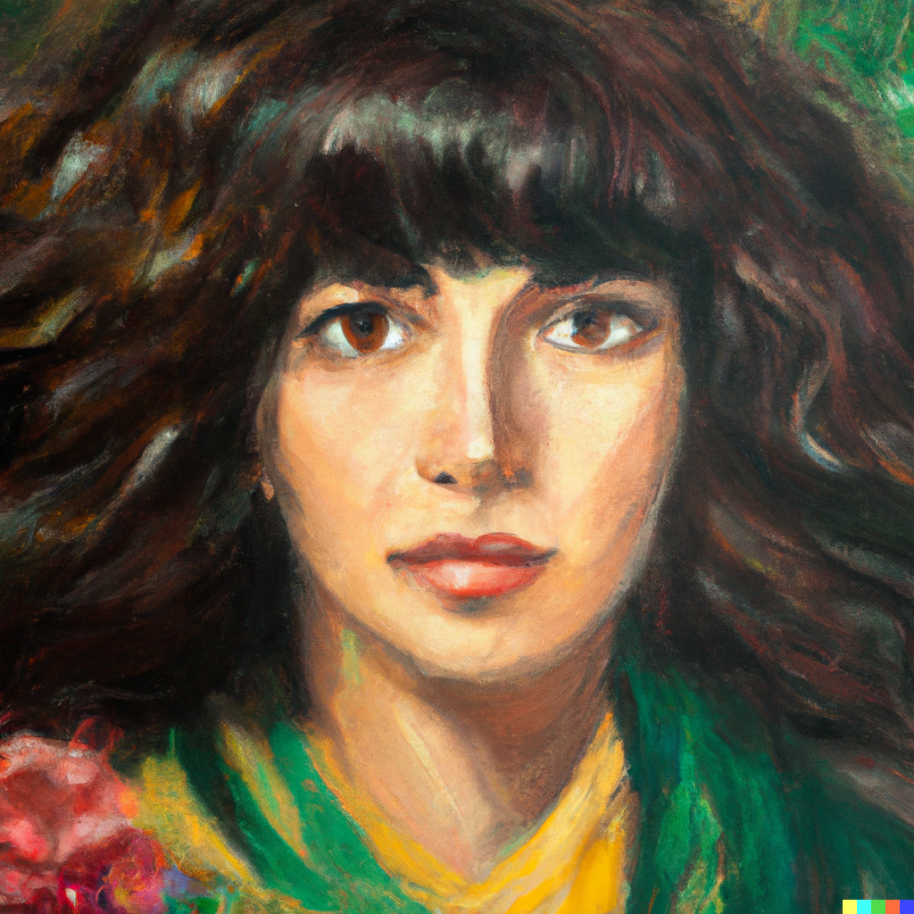 AI painted portrait of a woman with dark curly hair and bangs