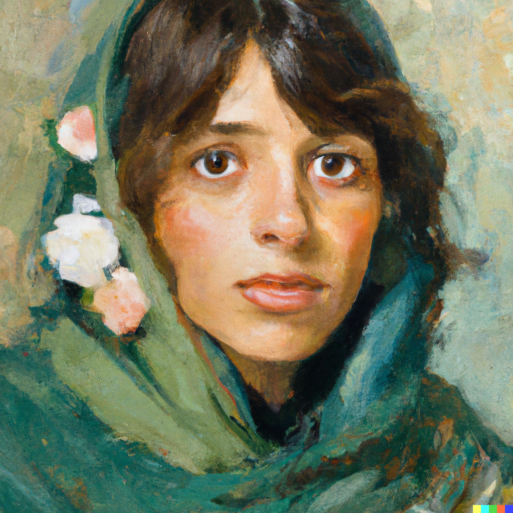 AI painted portrait of a woman with dark hair, wrapped in a shawl with flowers