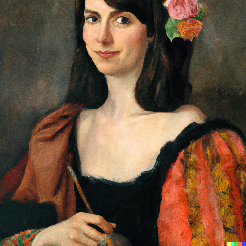 AI painting of a woman with dark hair, bangs and flowers in a renaissance dress