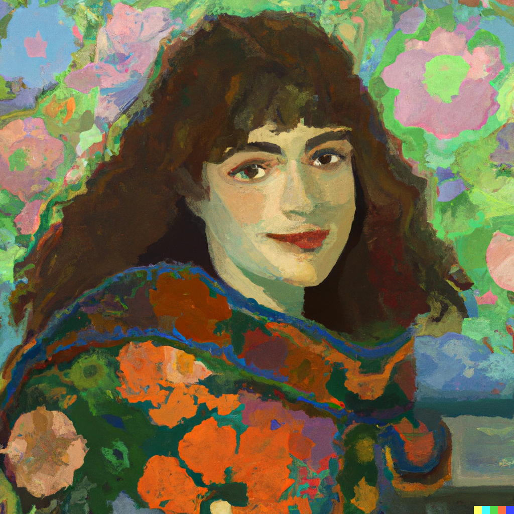 AI painted portrait of a woman with dark curly hair and bangs wrapped in a floral shawl