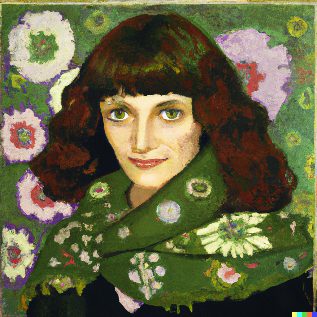 AI painted portrait of a woman with dark curly hair and bangs wrapped in a floral shawl