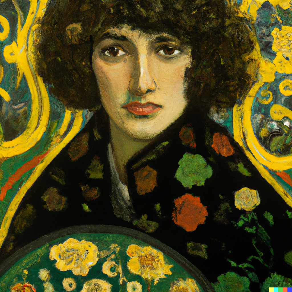 AI painted portrait of a woman with dark curly hair and bangs wrapped in a floral shawl