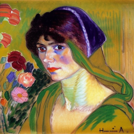 AI painted portrait of a woman with dark curly hair and bangs wrapped in a shawl with flowers