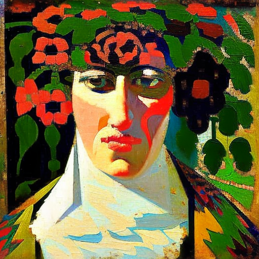 AI painted portrait of a woman with bangs wrapped in a shawl