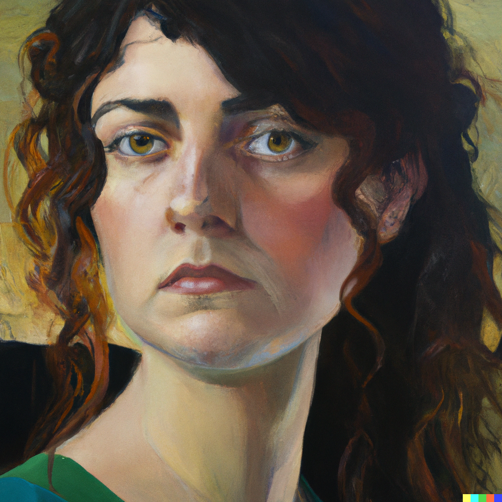 AI painted portrait of a woman with dark curly hair and green eyes