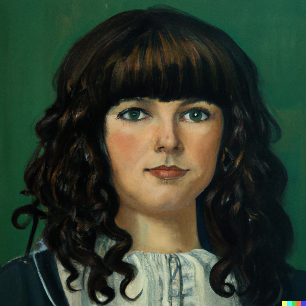 AI painted portrait of a woman with dark curly hair and bangs