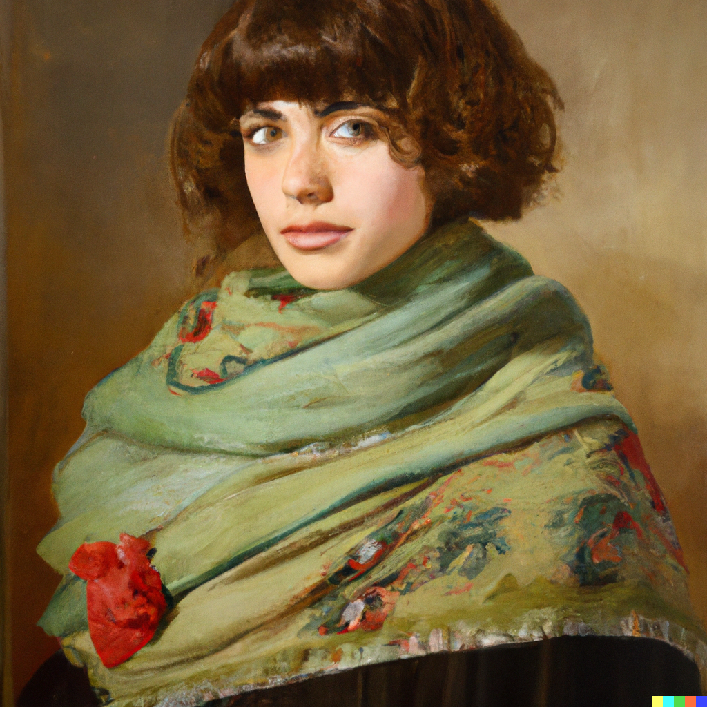 AI painted portrait of a woman with dark curly hair and bangs wrapped in a floral shawl