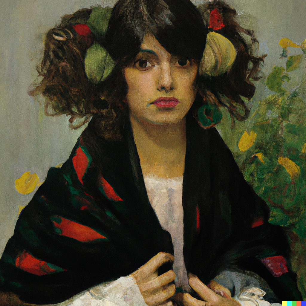 AI painted portrait of a woman with dark curly hair and bangs wrapped in a floral shawl