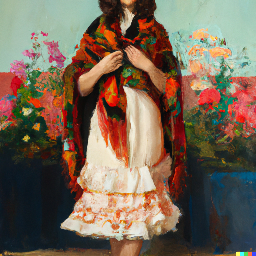 AI painted portrait of a torso of woman wrapped in a floral shawl