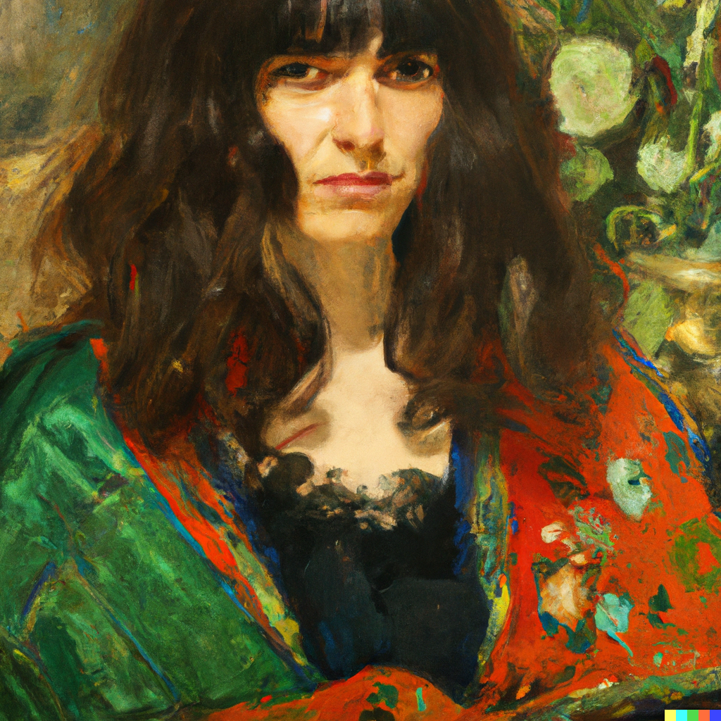 AI painted portrait of a woman with dark curly hair and bangs wrapped in a floral shawl