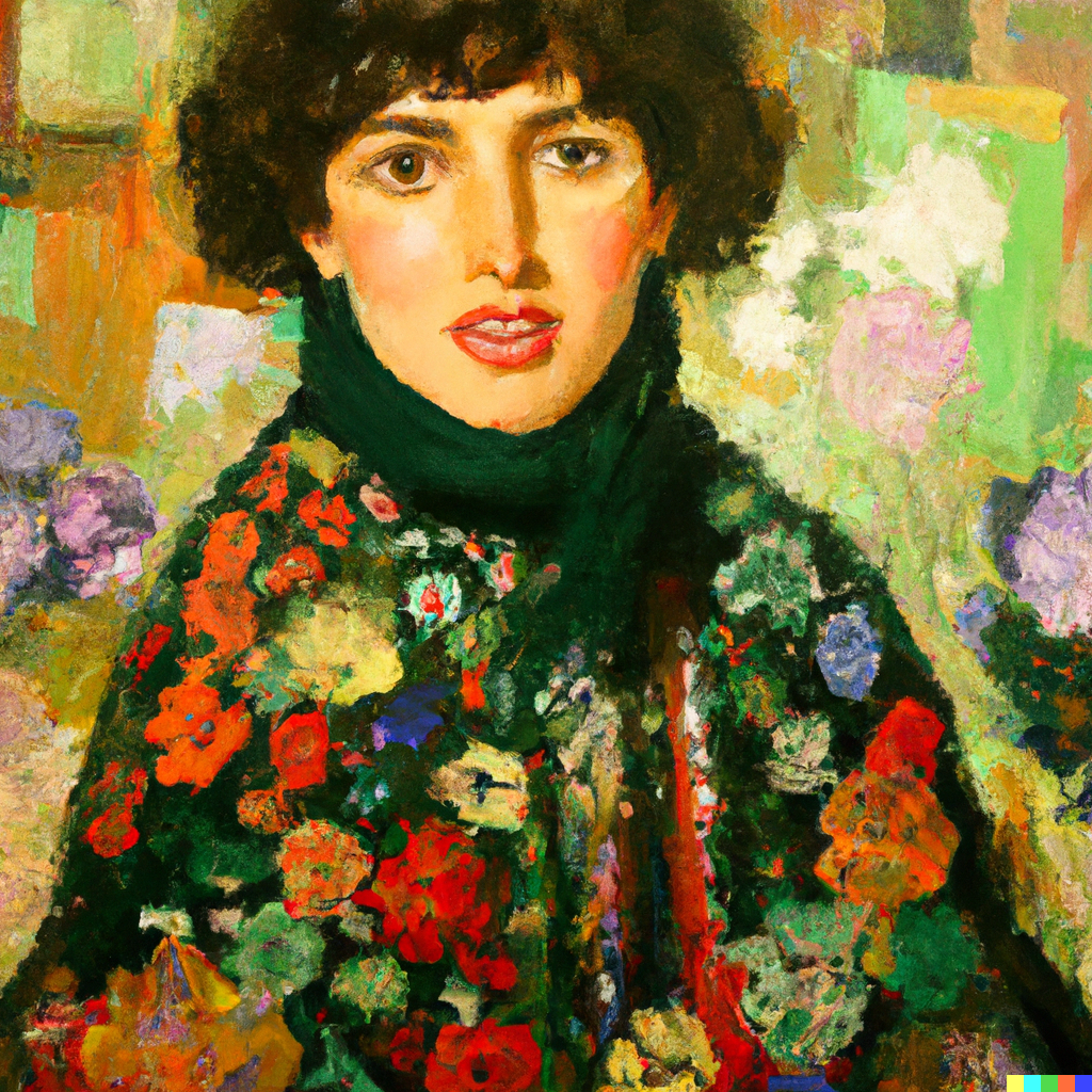 AI painted portrait of a woman with dark curly hair and bangs wrapped in a floral shawl