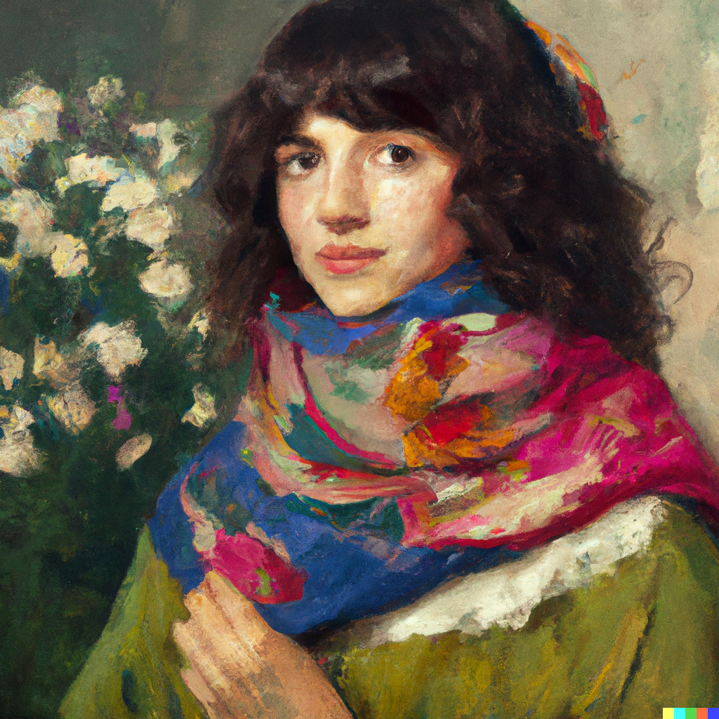 AI painted portrait of a woman with dark curly hair and bangs wrapped in a floral shawl