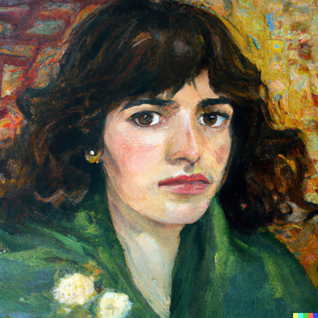 AI painted portrait of a woman with dark curly hair and bangs wrapped in a shawl with flowers