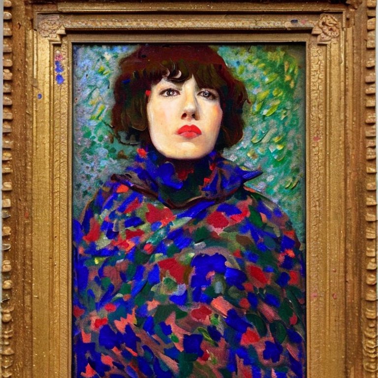 AI painted portrait of a woman with dark curly hair and bangs wrapped in a floral shawl