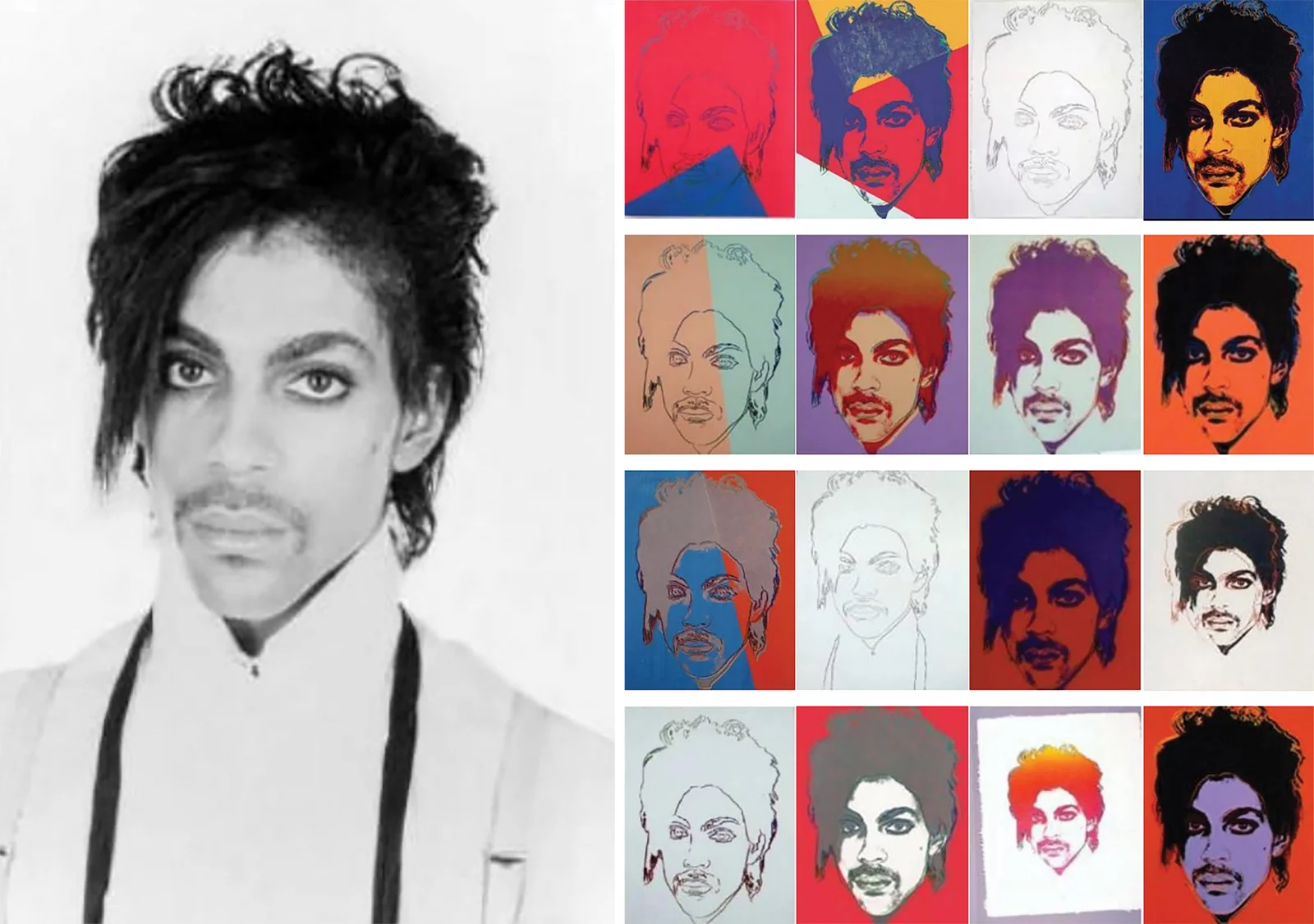 Prince photograph by Goldsmith aside 16 Prince silkscreens by Warhol